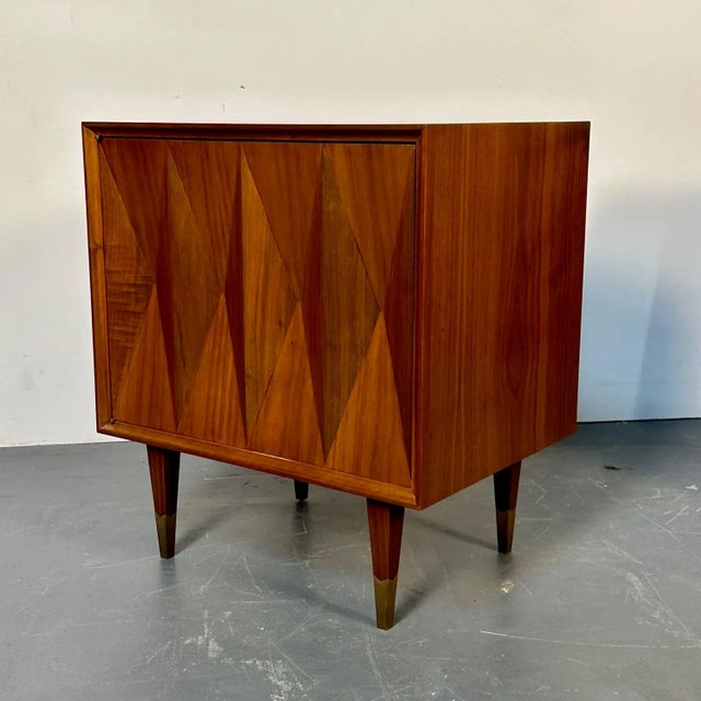 Pair of Danish Mid-Century Modern Style Geometric Nightstands, Walnut, Brass For Sale - Image 11 of 13