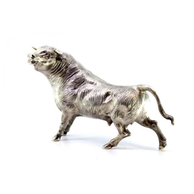 Silver Bull Sculpture with Reliefs and Applications, in Very Good conditions. Designed 1920 to 1949 This piece has an...