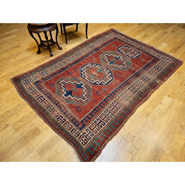 Antique Caucasian Kazak Rug, Handwoven Wool, Geometric Medallion Design, Red & Ivory, 5' x 7' For Sale In Chicago - Image 6 of 17