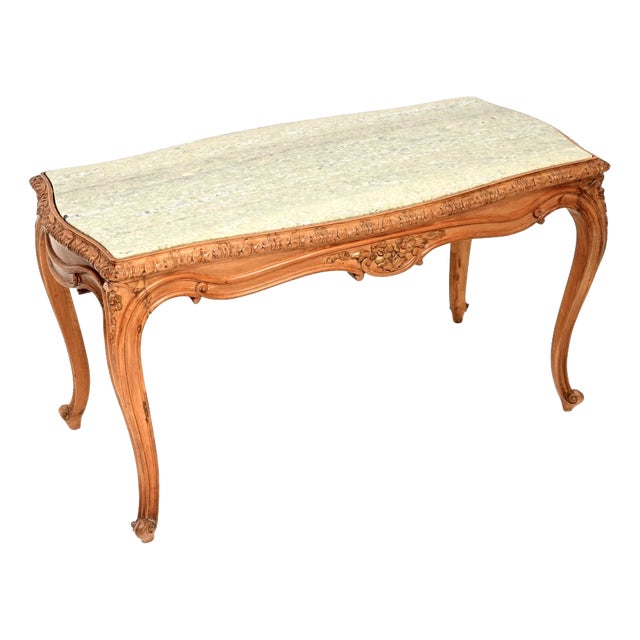 French Carved Walnut Coffee Table with Marble Top, 1930 For Sale