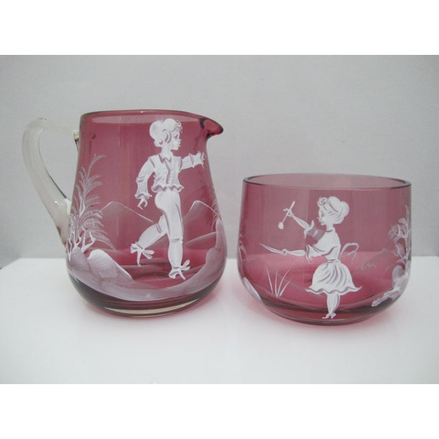 Mary Gregory Czech Red Glass Enamel Figural Painted Creamer Pitcher & Sugar Bowl For Sale In Portland, OR - Image 6 of 16