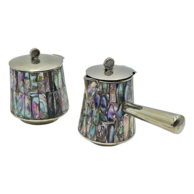 1960s Mexican Alpaca & Abalone Sugar and Creamer Set, Mexican Modernism, by LHG For Sale