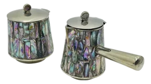 1960s Mexican Alpaca & Abalone Sugar and Creamer Set, Mexican Modernism, by LHG