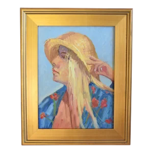Impressionist Woman in Straw Hat Portrait by Listed Artist Silvio Silvestri Oil Painting W/ Antiqued Gold Wood Frame