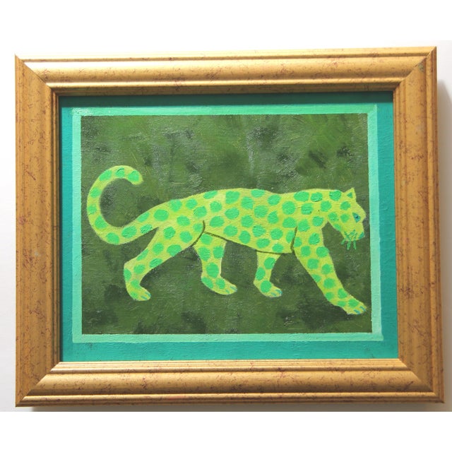 A leopard silhouette in shades of army , forest, lime aqua greens with a matching border. Abstract, Minimalism, Folk Art,...