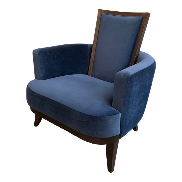 Mid Century Modern Plush Navy Cushion and Wood Arm Chair For Sale