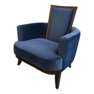 Mid Century Modern Plush Navy Cushion and Wood Arm Chair