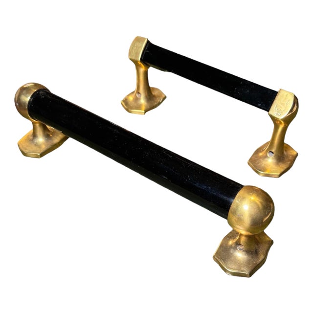 Early 20th Century Gilt-Bronze & Black Glass Hand Towel Racks - Set of 2 For Sale