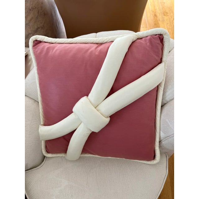 1980s Custom Made Large Pink White Ribbon Pillow. Pillow case can be easily removed and hand washed