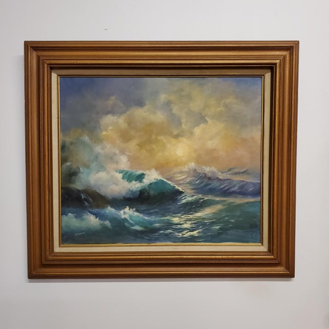 Beautiful, original, signed and framed seascape painting. Lovely pinks and peach colors in the cloudy sky. Signed 'S....