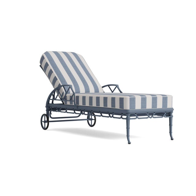 Brown Jordan Calcutta Adjustable Chaise Lounge in Sapphire with Sapphire Stripe and Sea Salt Welt Cushions For Sale
