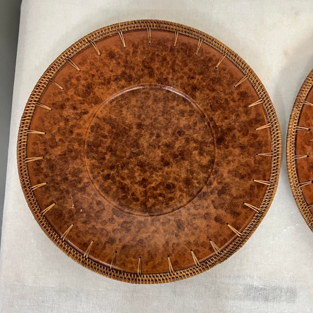 These faux tortoise ceramic chargers look fab with most dinnerware. The wicker edge gives them a classic look. They...