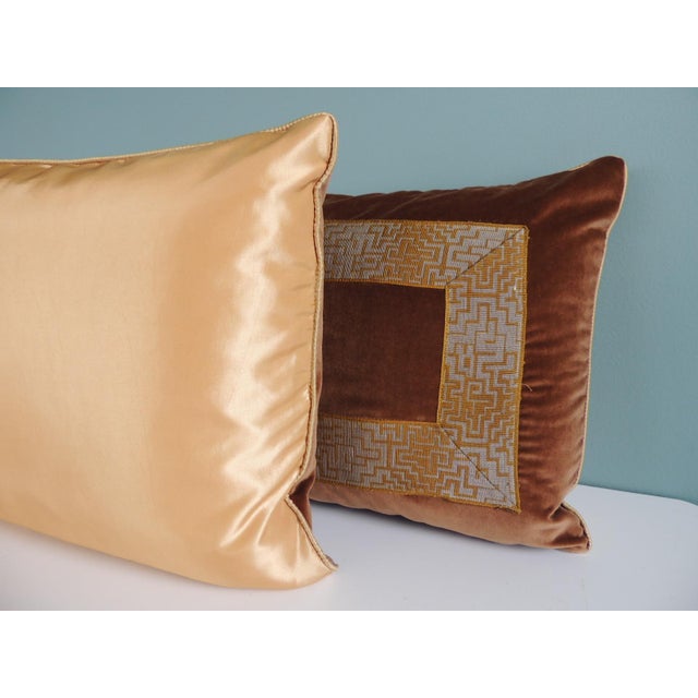 French Deco Style French Silk Velvet & Trim Decorative Bolster Pillows - A Pair For Sale - Image 3 of 3