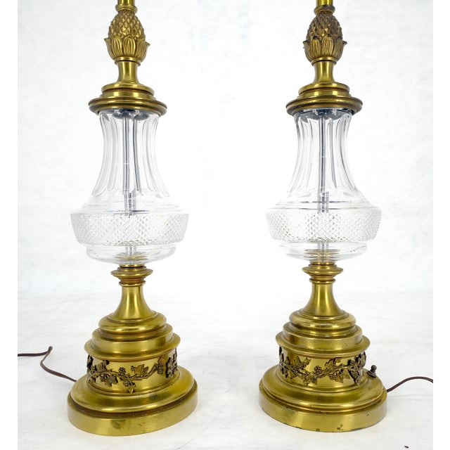 Brass Pair of Cut Crystal & Brass Vase Shape Table Lamps c1970s For Sale - Image 8 of 17