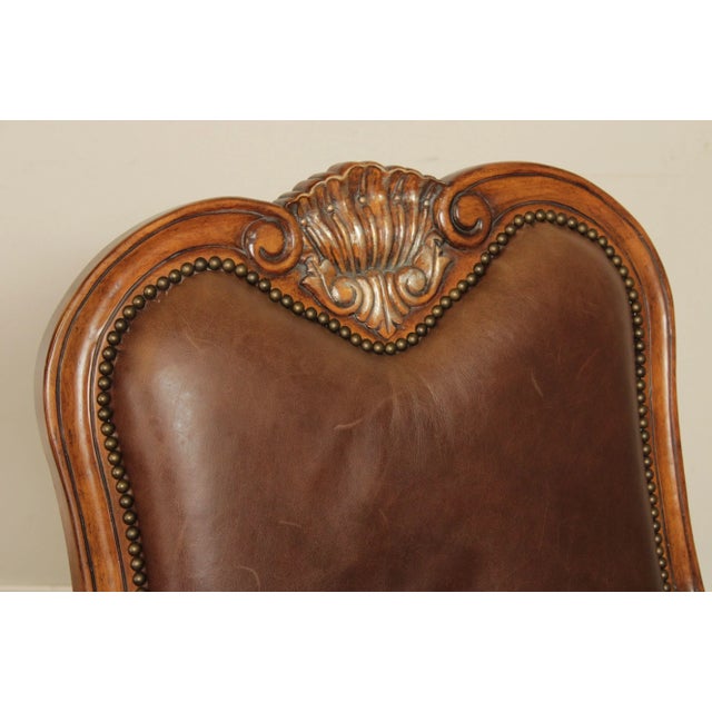 French Provincial Style Shell-Carved Leather Armchairs and Ottomans - Set of 4 For Sale In Philadelphia - Image 6 of 13