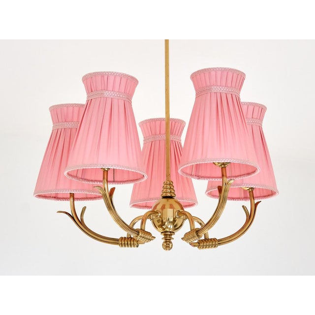 Vintage Swedish Five-Arm Brass Chandelier with Pink Shades, 1940s For Sale - Image 6 of 13