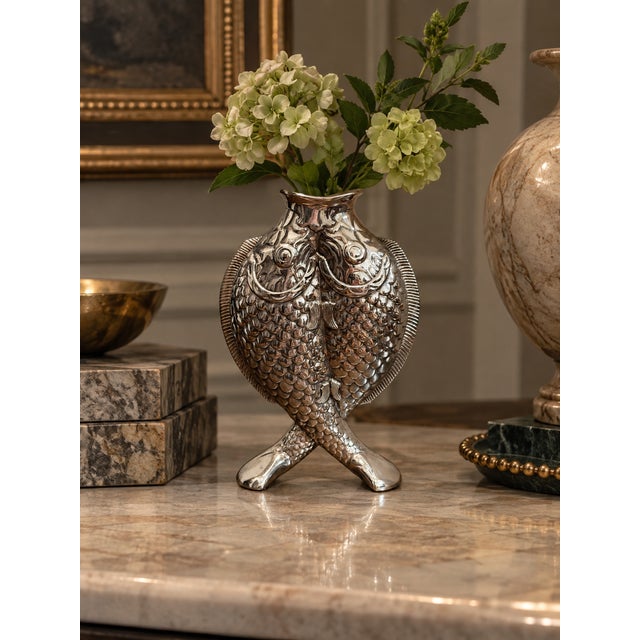 A sculptural vintage silver-plated “Deux Poissons” vase by Christofle, based on Émile Reiber’s celebrated 1874 design. Two...