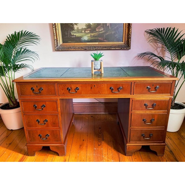 Vintage Twin Pedestal Desk in Yew Wood and Leather Top, 1980 For Sale - Image 9 of 18
