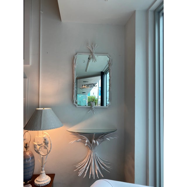 Vintage White Metal Tole Leaf Leaves Wall Mirror & Demi Lune Wall Console Table For Sale - Image 12 of 13