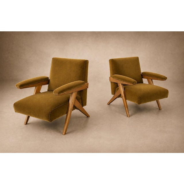 Textile José Zanine Caldas Pair of Brazilian Modern Armchairs in Pau Marfim & Olive Mohair, Brazil, 1950s For Sale - Image 7 of 18