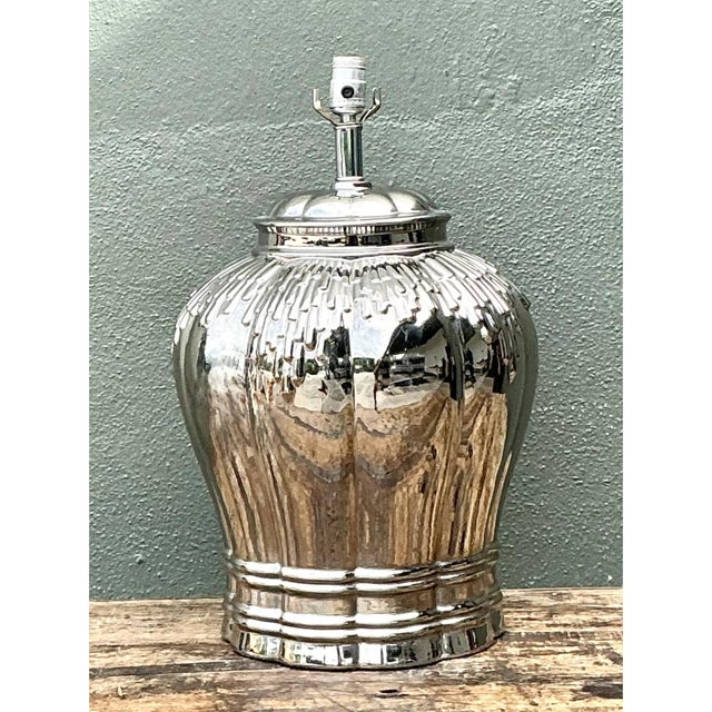 Vintage Silver Mirror Finish Glazed Ceramic Lamp For Sale - Image 4 of 12