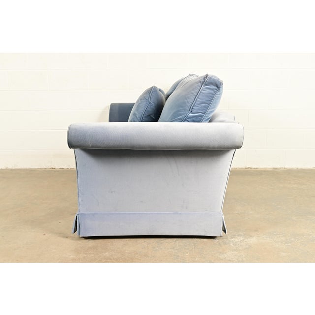 Baker Furniture Blue Velvet Upholstered Roll Arm Sofa For Sale - Image 10 of 13