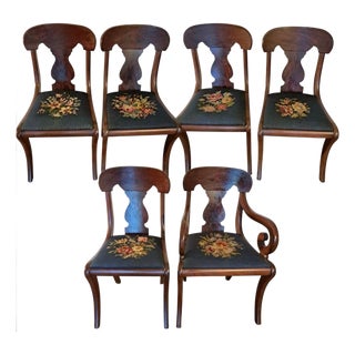 Set of 6 Hickory Chair–Style American Empire Dining Chairs With Unique Floral Needlepoint For Sale