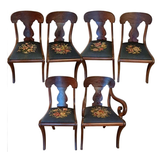 Set of 6 Hickory Chair–Style American Empire Dining Chairs With Unique Floral Needlepoint For Sale