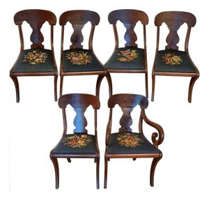 Set of 6 Hickory Chair–Style American Empire Dining Chairs With Unique Floral Needlepoint