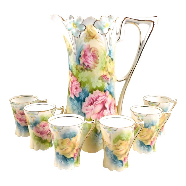 1920s Unmarked Floral Chocolate Pot Set With Six Cups For Sale
