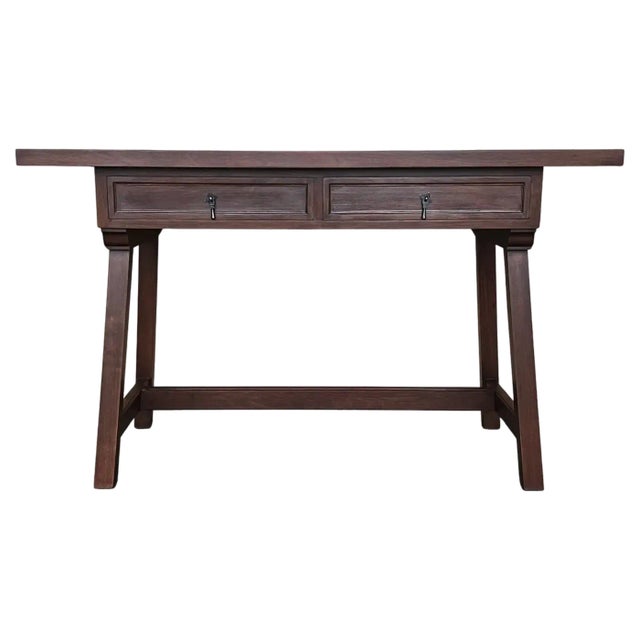 Early 20th Spanish Walnut Country Farm Desk with Two Drawers, 1890 For Sale