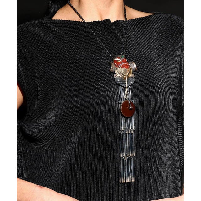 Emerald Bespoken Silver and Gold Necklace with Japanese Tengu Mask by Mary Ann Scherr For Sale - Image 8 of 8