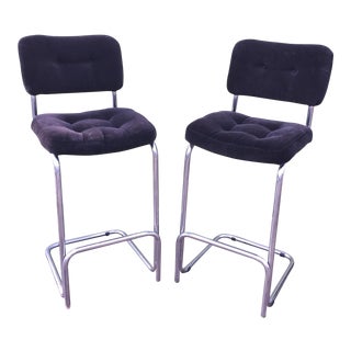 Vintage Velvet Chrome Cantilever Bar Stools - a Pair For Sale