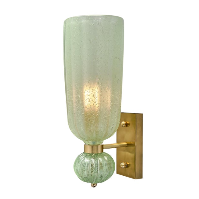Contemporary Pale Green Murano Glass and Brass Sconces - a Pair For Sale - Image 4 of 10