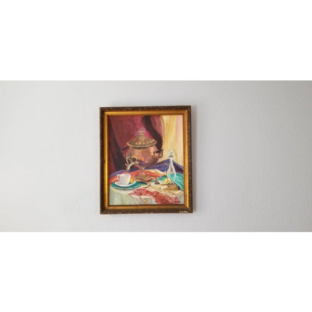 Mid-Century Modern 1960s Vintage Tea Service Still Life Abstract Painting, Signed For Sale - Image 3 of 10