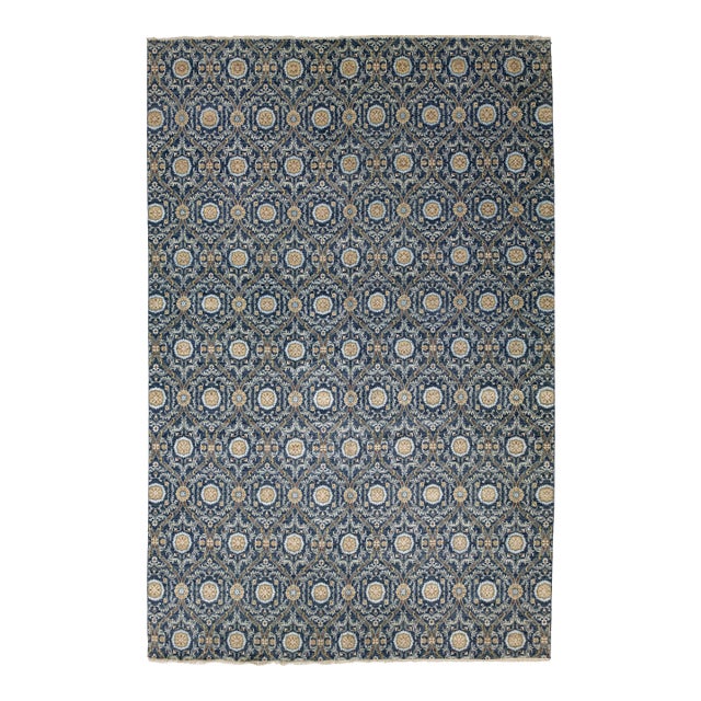 Modern Midnight Blue Ikat Style Hand-Knotted Wool Area Rug 13x20 For Sale