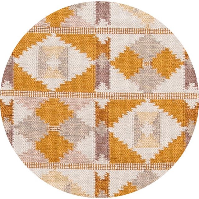 Beautiful contemporary Swedish style runner rug, hand knotted wool with an ivory field, mustard and brown accents in an...