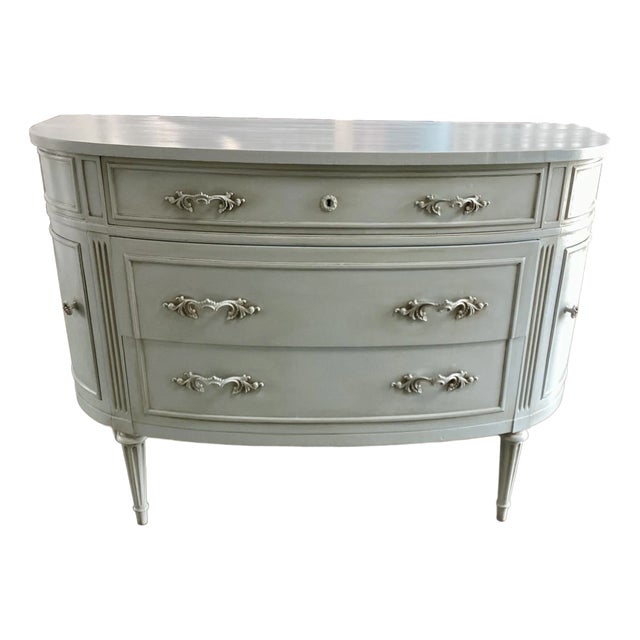 Stunning Louis XVI-style Blue Demi-Lune Painted Dresser For Sale