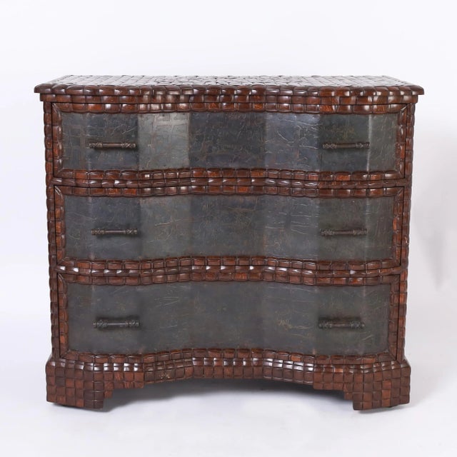 Handsome vintage chest of drawers crafted in polished coconut shells over a modern stylized traditional form with a...