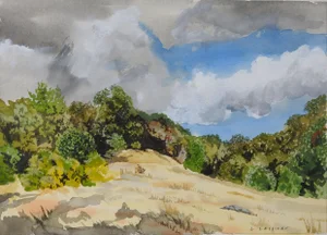 Vintage Hillside Landscape Watercolor Painting