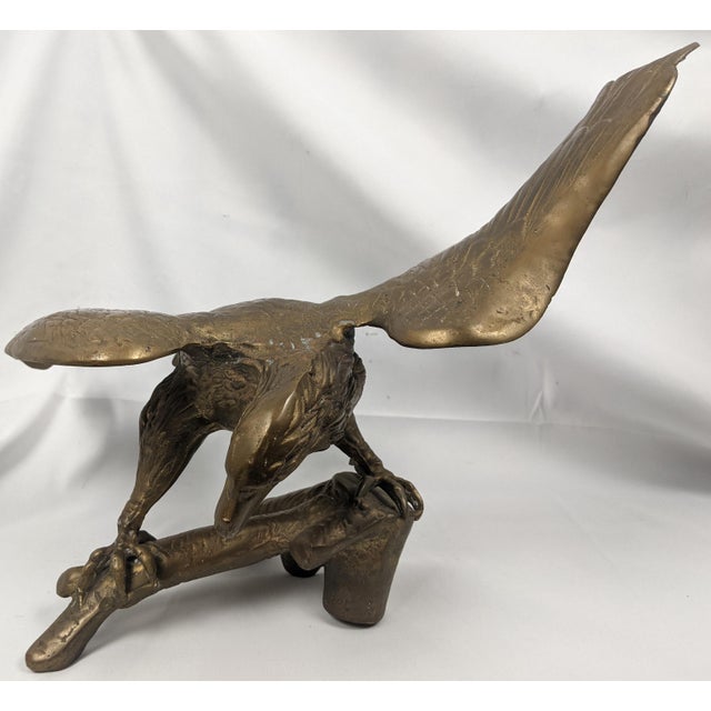 Metal Vintage Solid Brass Eagle Sculpture on Branch Pedestal Base, 19" Wingspan For Sale - Image 7 of 14