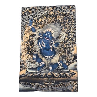 Xizang Embroidery and Brocade Thangka Buddha Painting - Wrathful Deity Protector Wall Art - Hand Painted Buddhist Sacred Scroll Mid 20th Century For Sale