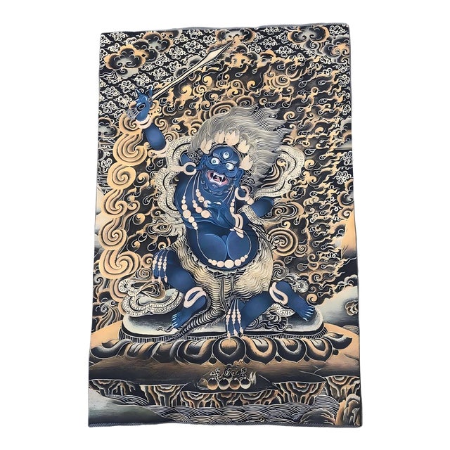 Xizang Embroidery and Brocade Thangka Buddha Painting - Wrathful Deity Protector Wall Art - Hand Painted Buddhist Sacred Scroll Mid 20th Century For Sale