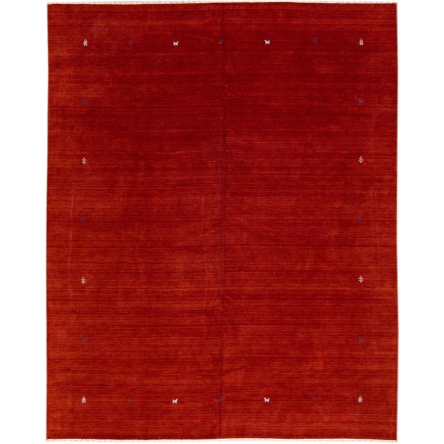 Modern Gabbeh Style Red Hand-Loom Minimalist Pattern Wool Rug For Sale - Image 11 of 11