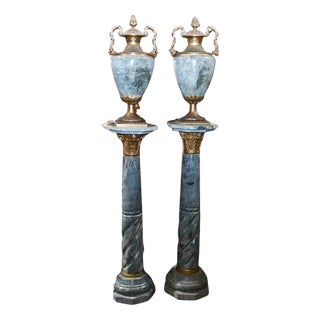 Neoclassical French Urns on Pedestal Stands in Marble, Set of 2 For Sale