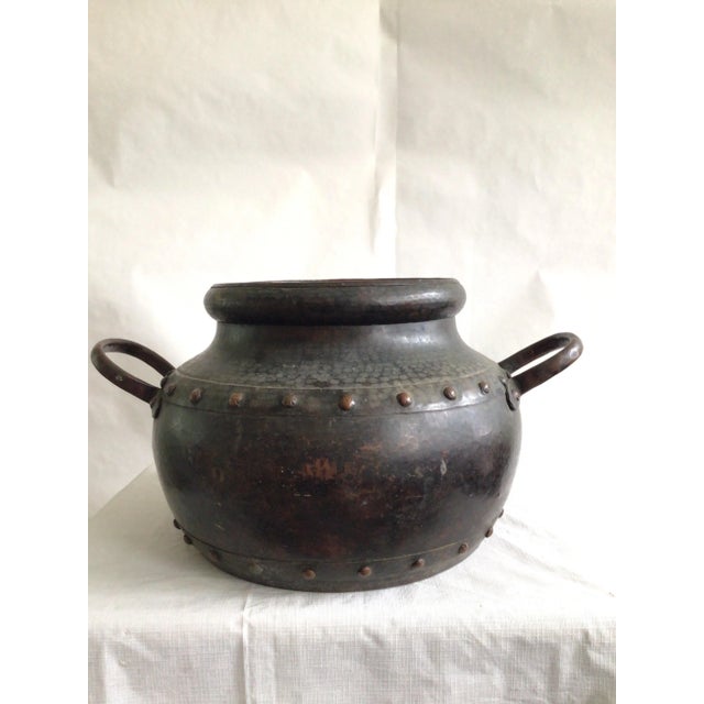 1940s Hand Hammered Studded Copper Pot With Handles Beautiful patina and hammered finish