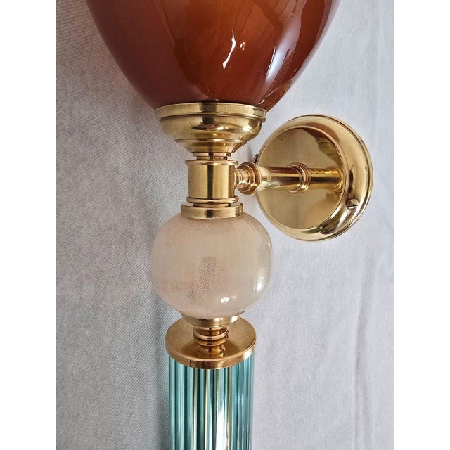 Metal 1990s Pair of Blue and Terracotta Murano Glass Sconces For Sale - Image 7 of 13