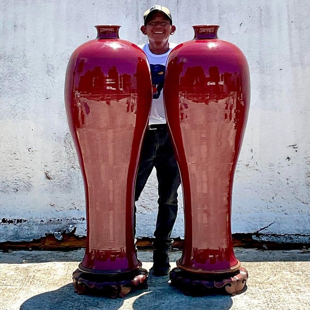 Vintage Boho Monumental “Sang De Bouf” Glazed Ceramic Vases - a Pair For Sale - Image 13 of 13