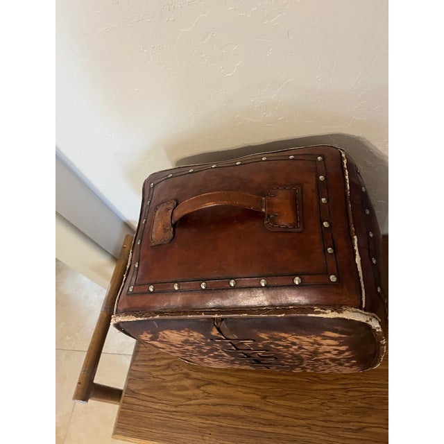 Tooled Leather Ottoman Plain With Nailheads Antique Brown For Sale In Phoenix - Image 6 of 12