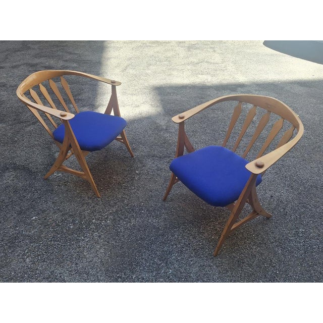 Nässjö Stolfabrik Sun Feather Armchairs in Light Wood with Blue Seat by Sonna Rosen for Nassjo Stolfabrik, Set of 2 For Sale - Image 4 of 8